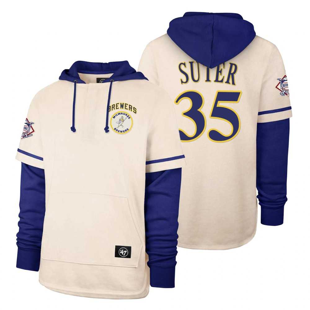 Men Milwaukee Brewers 35 Suter Cream 2021 Pullover Hoodie MLB Jersey